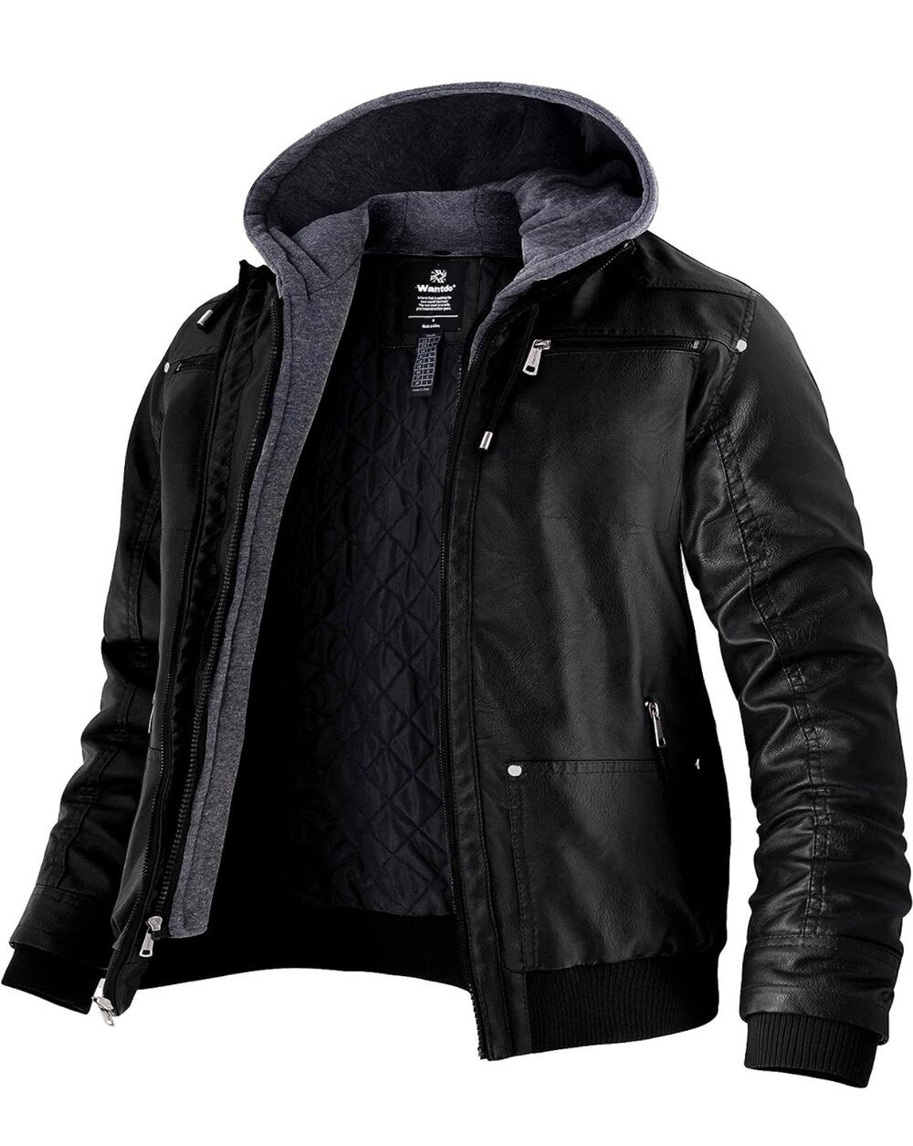 Wantdo Men's Faux Leather w/Removable Hood Motorcycle Jacket Winter Coat Small